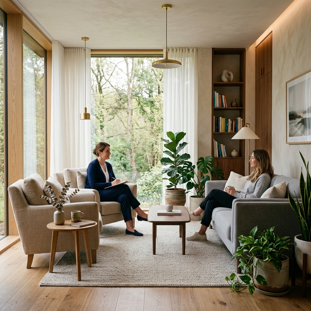 Comforting therapy office with warm lighting